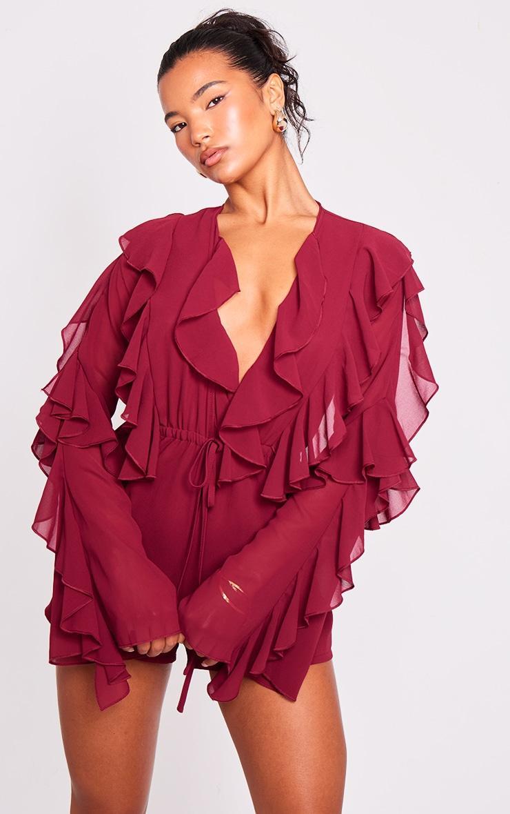 Burgundy Ruffle Detail Long Sleeve Plunge Romper Product Image