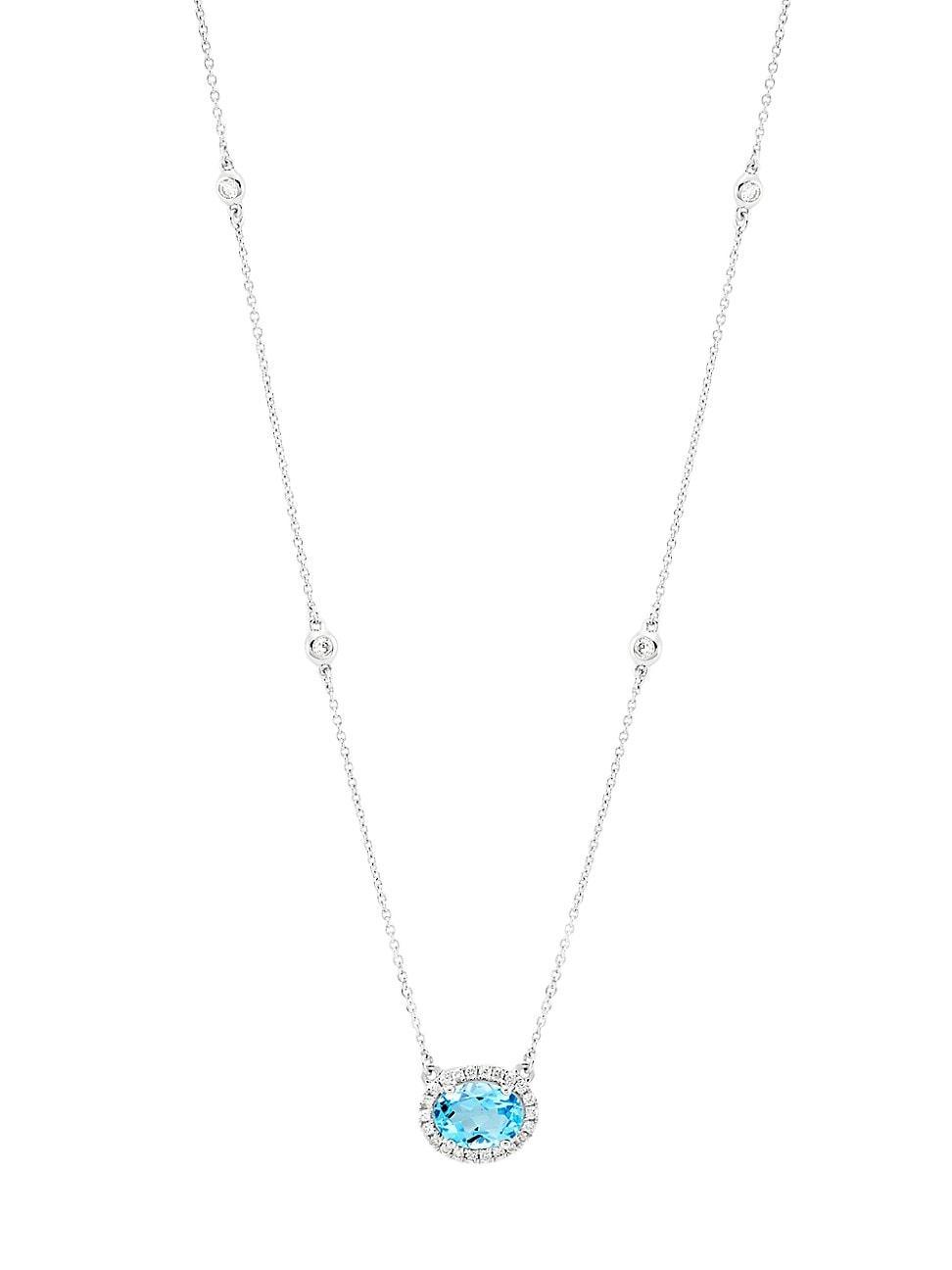 Womens 14K White Gold, Blue Topaz & 0.27 TCW Diamond Halo Pendant Necklace Product Image