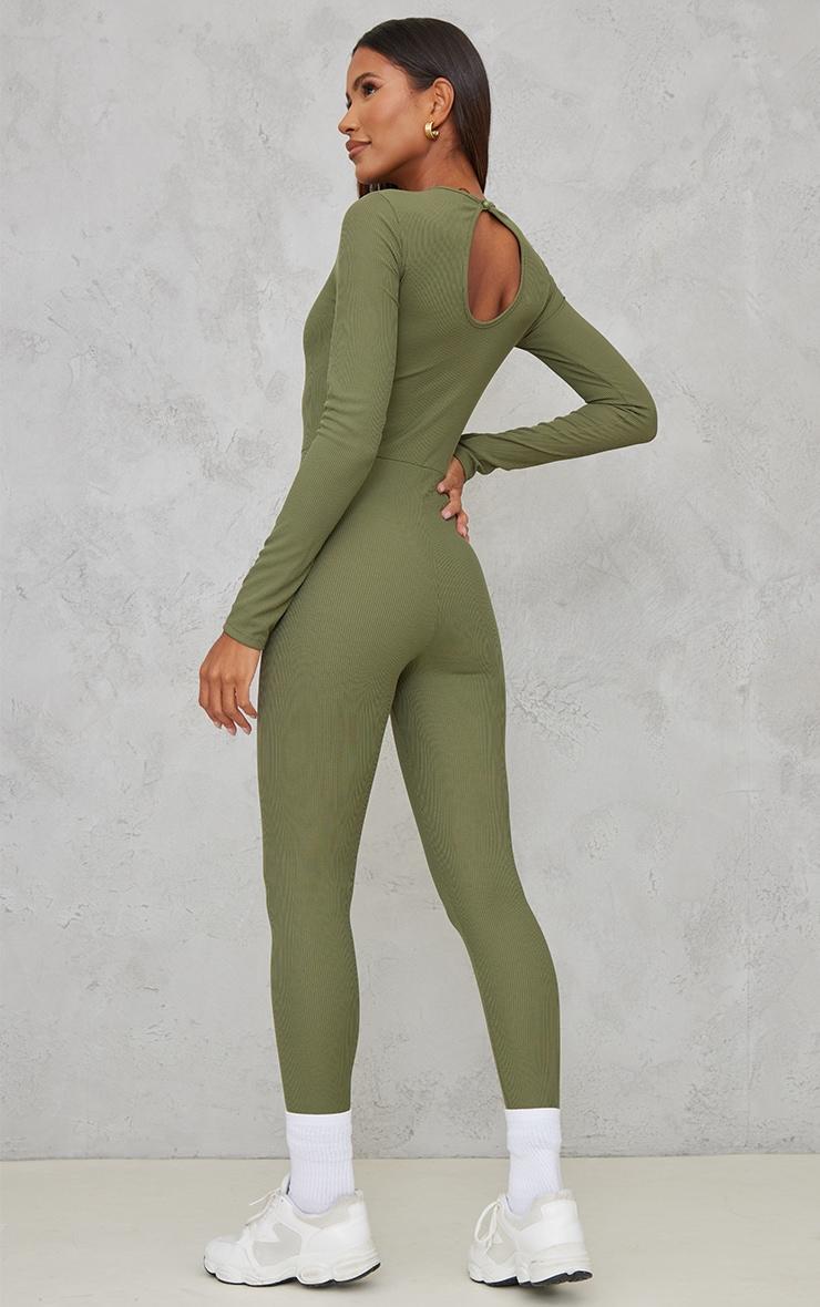 Moss Khaki Rib Long Sleeve Thumb Hole Jumpsuit Product Image