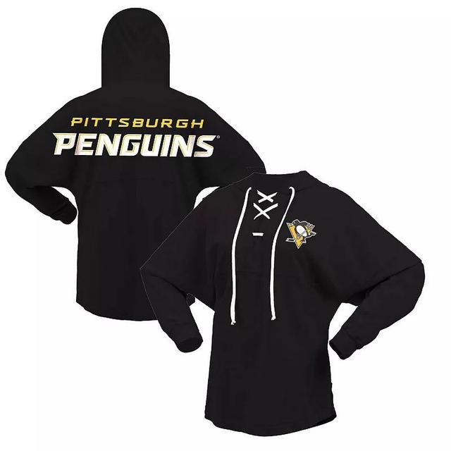 Womens Fanatics Black Pittsburgh Penguins Jersey Lace-Up V-Neck Long Sleeve Hoodie T-shirt Product Image