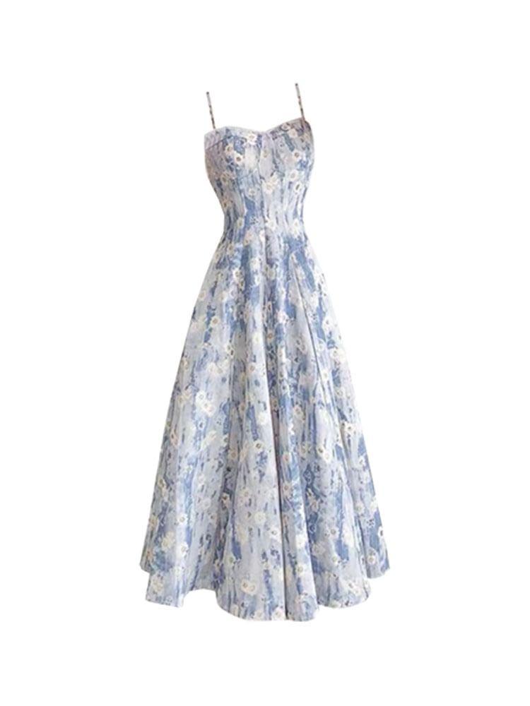 Spaghetti Strap Floral Print Midi A-Line Dress / Cardigan / Set Product Image