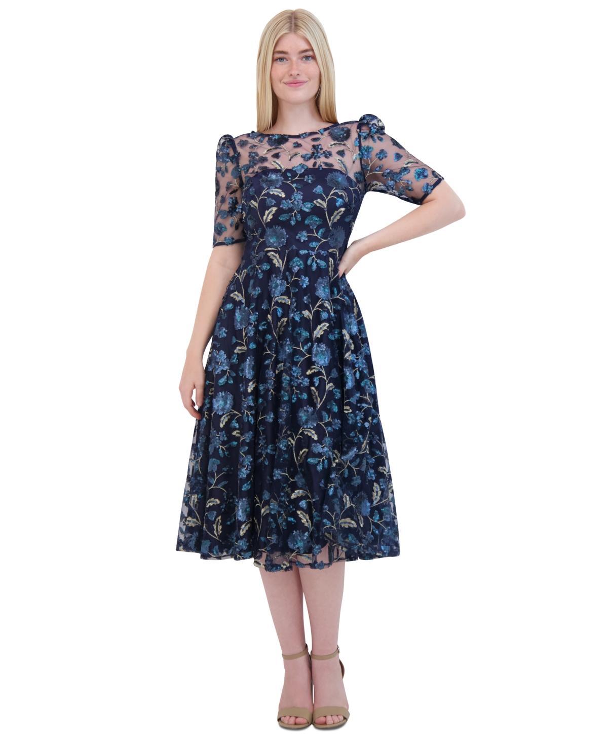 Eliza J Womens Floral Sequin Puff-Sleeve Fit & Flare Dress Product Image