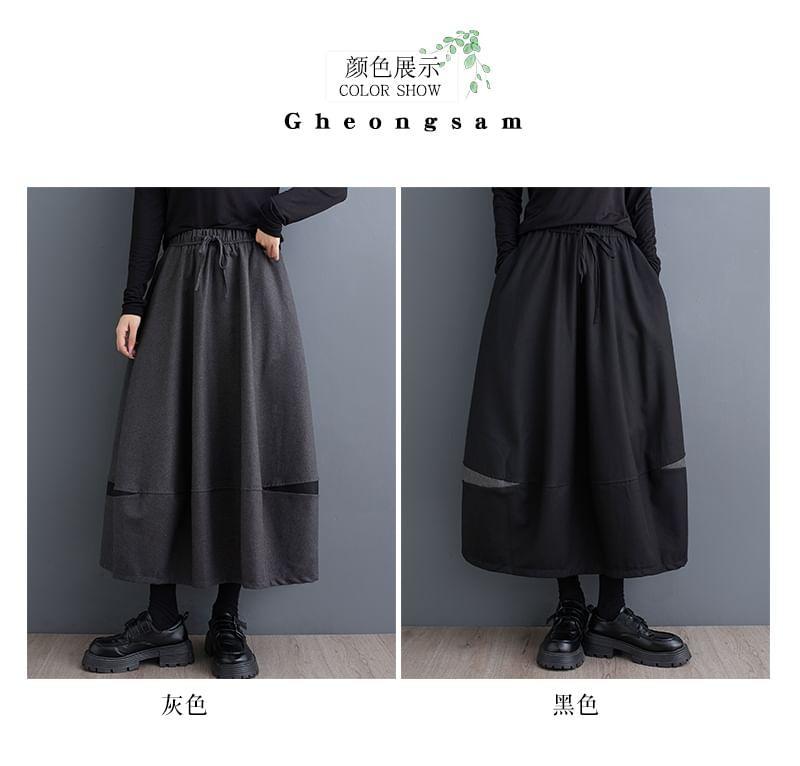 Drawstring Waist Two Tone Midi A-Line Skirt Product Image