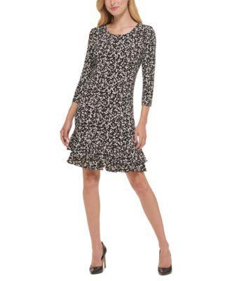 Tommy Hilfiger Petite Floral-Print Ruffled Shift Dress - Black Product Image