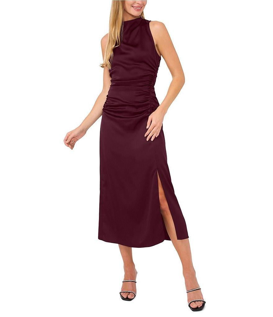 CeCe Satin Mock Neck Sleeveless Drape Sheath Midi Dress Product Image