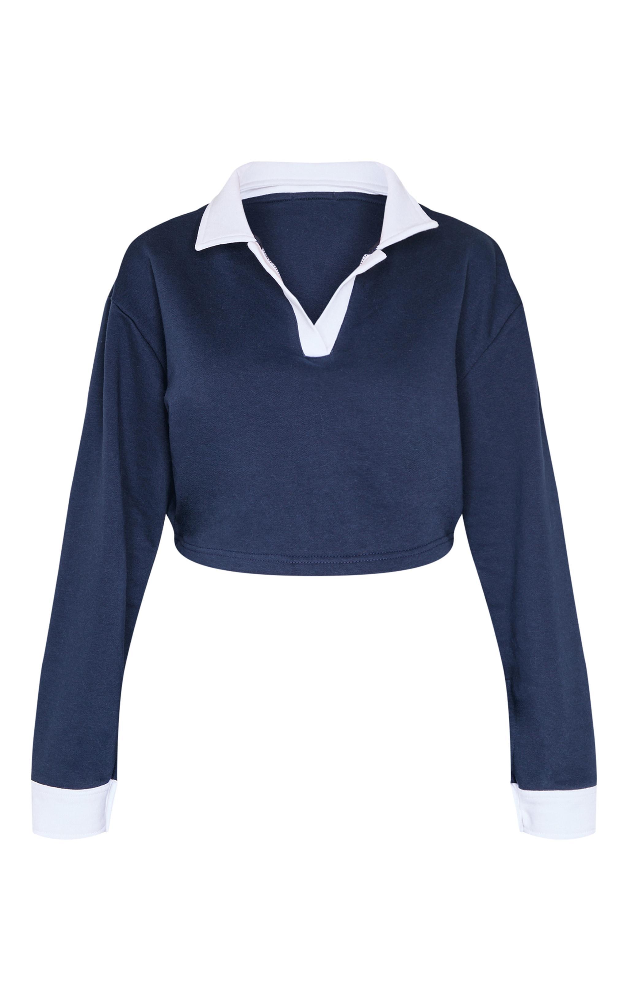 Navy Contrast Panel Collared Cropped Sweatshirt Product Image