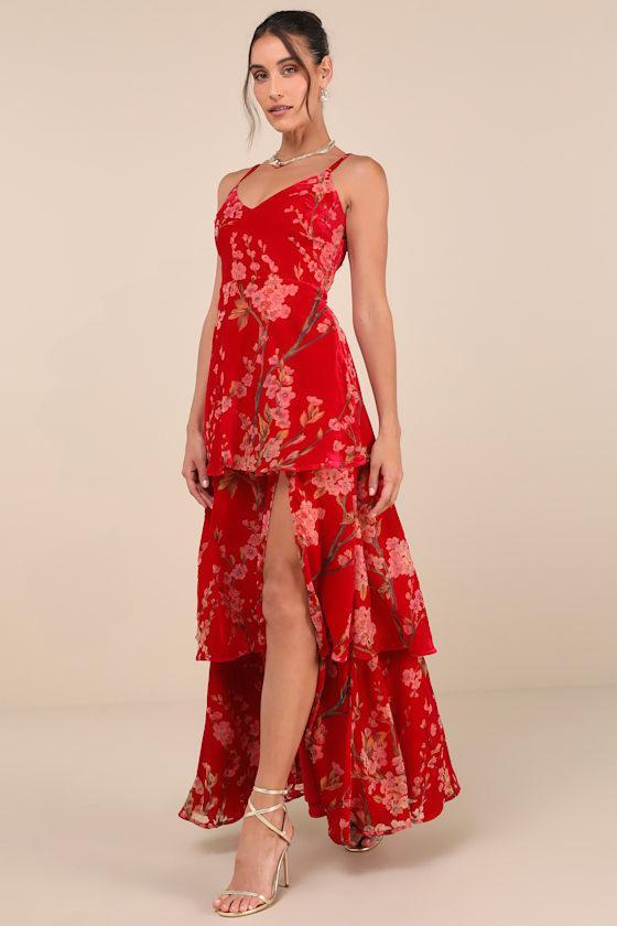 I Love You Amore Red Floral Velvet Tiered Maxi Dress product image