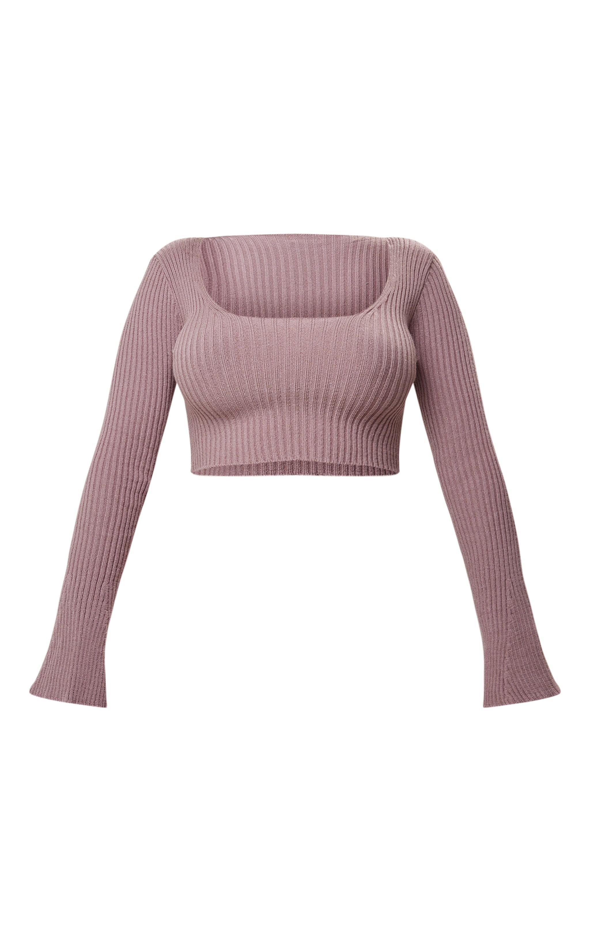 Shape Mauve Knit Ribbed Long Sleeve Scoop Crop Top Product Image