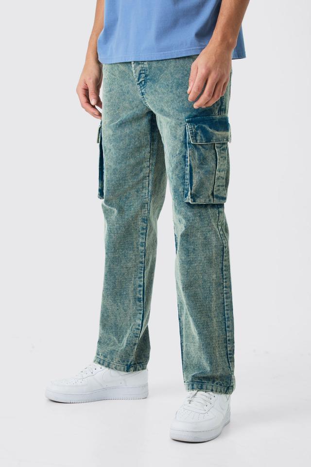 Relaxed Cargo Acid Wash Cord Pants In Navy | boohooMAN USA Product Image