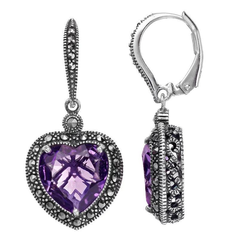 Lavish by TJM Sterling Silver Lab-Created Amethyst & Marcasite Heart Earrings, Womens Product Image