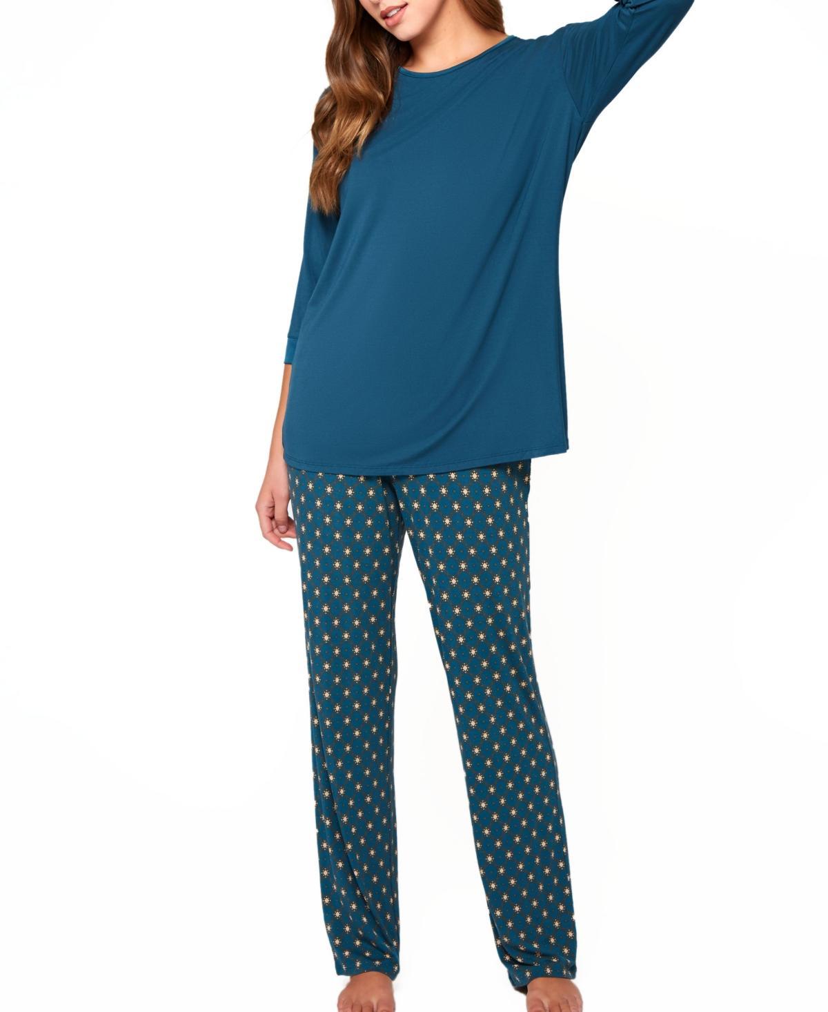 Womens Malachite Ultra Soft Pajamas Keyhole Back Top and Print Pant Set - Teal Product Image