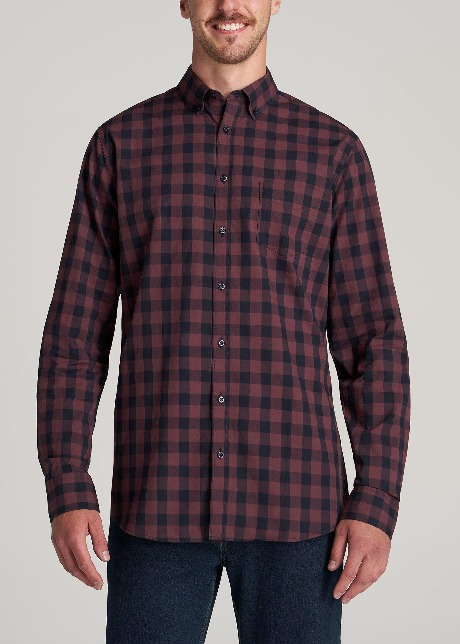 Soft-Wash Button-Up Shirt for Tall Men in Navy & Maroon Check Male Product Image