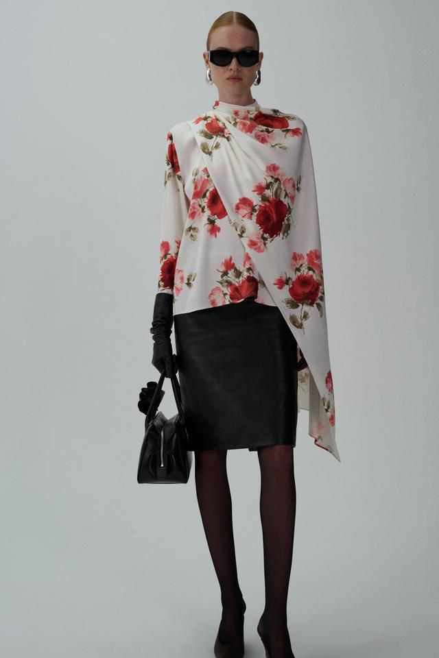 Cape-effect silk blouse in cream print Product Image