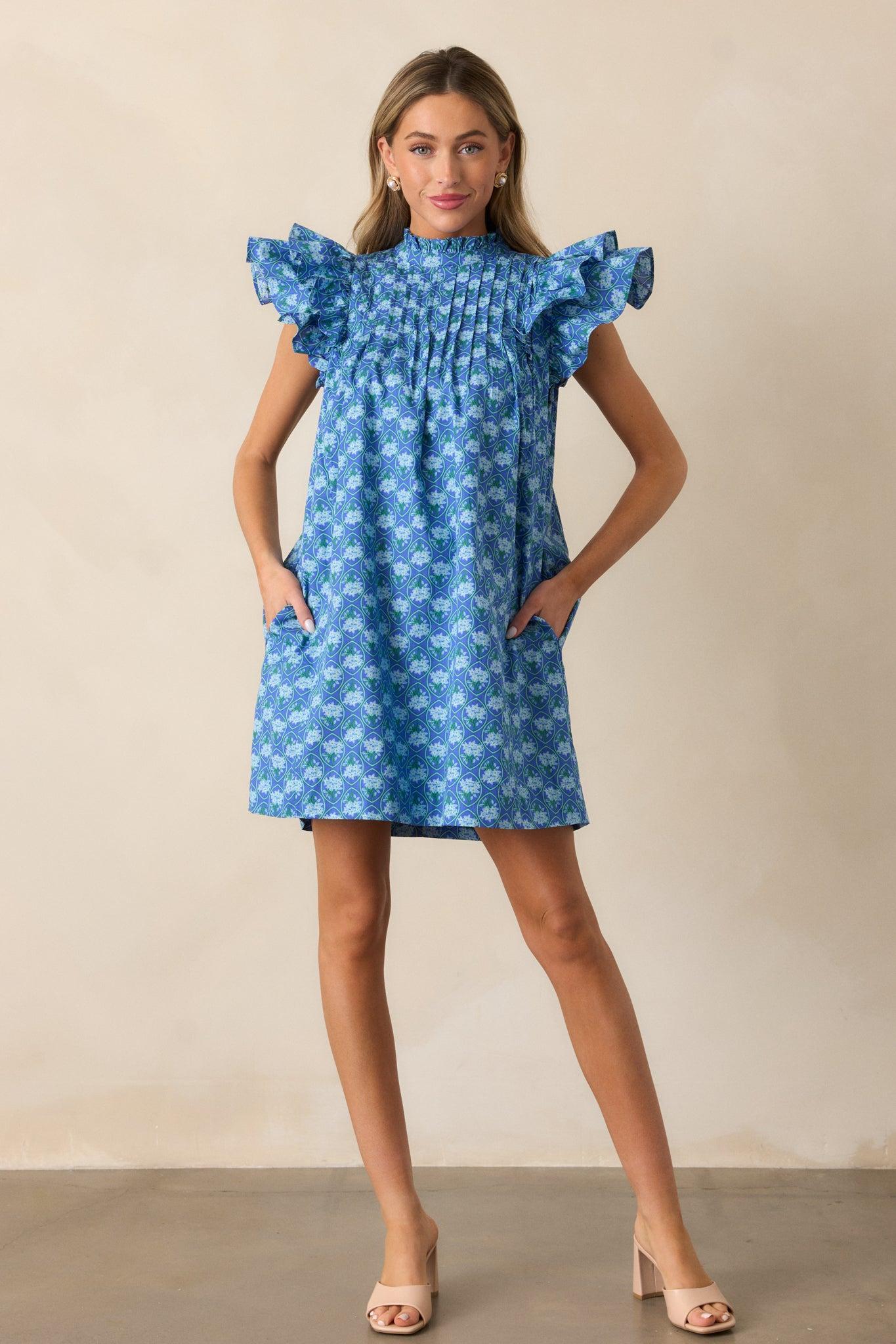 Daisy Drift Cotton Navy Floral Flutter Sleeve Mini Dress Product Image