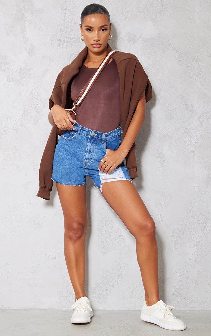 PRETTYLITTLETHING Mid Blue Wash Ripped Denim Mom Shorts product image