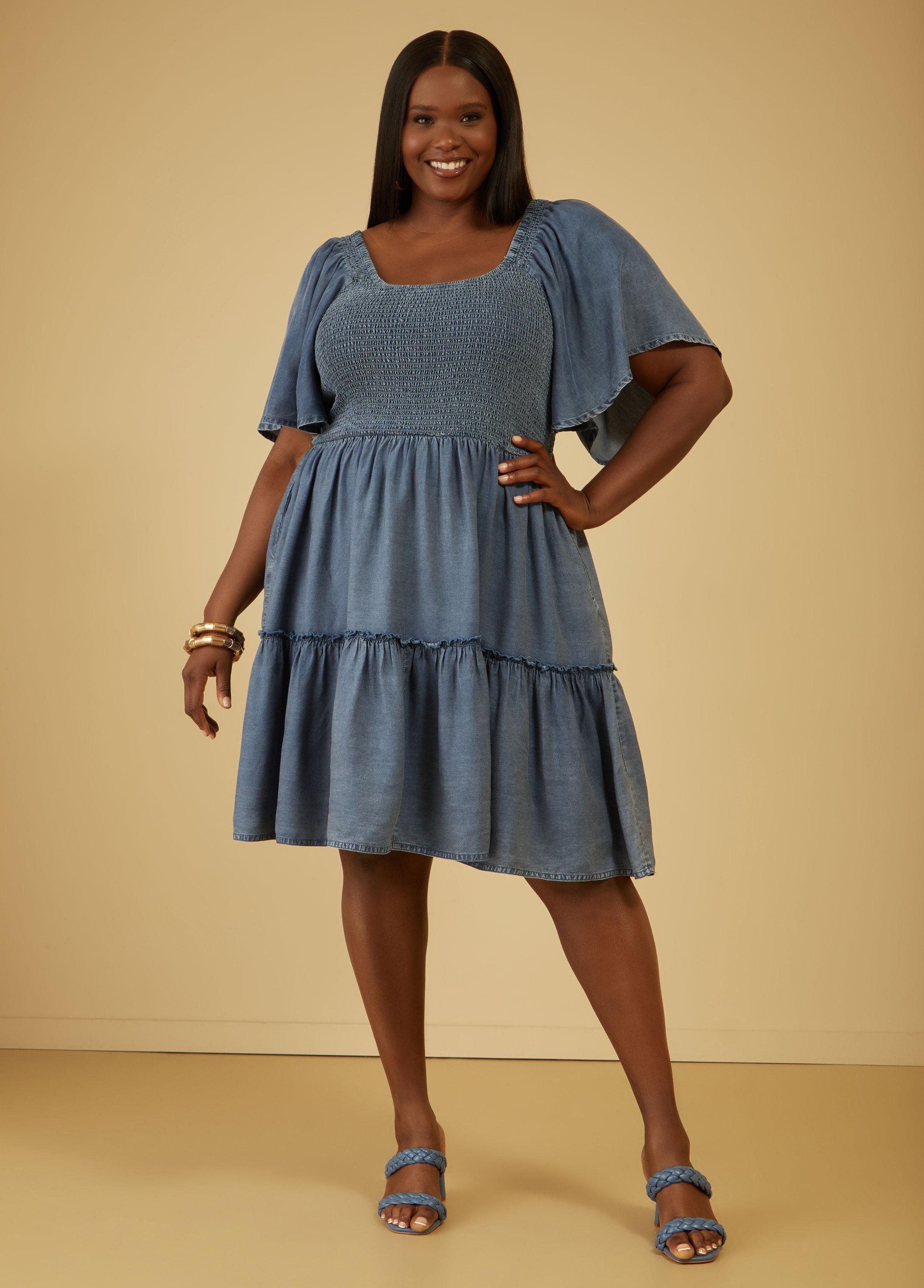 Plus Size Shirred Chambray Babydoll Dress Ashley Stewart product image