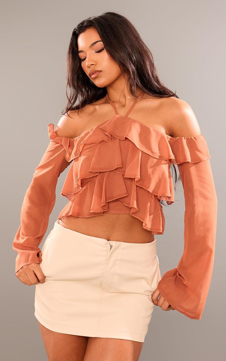 Brown Halter Neck Ruffle Detail Bardot Sleeve Top Product Image