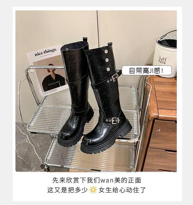 Platform Buckled Button Knee High Boots Product Image