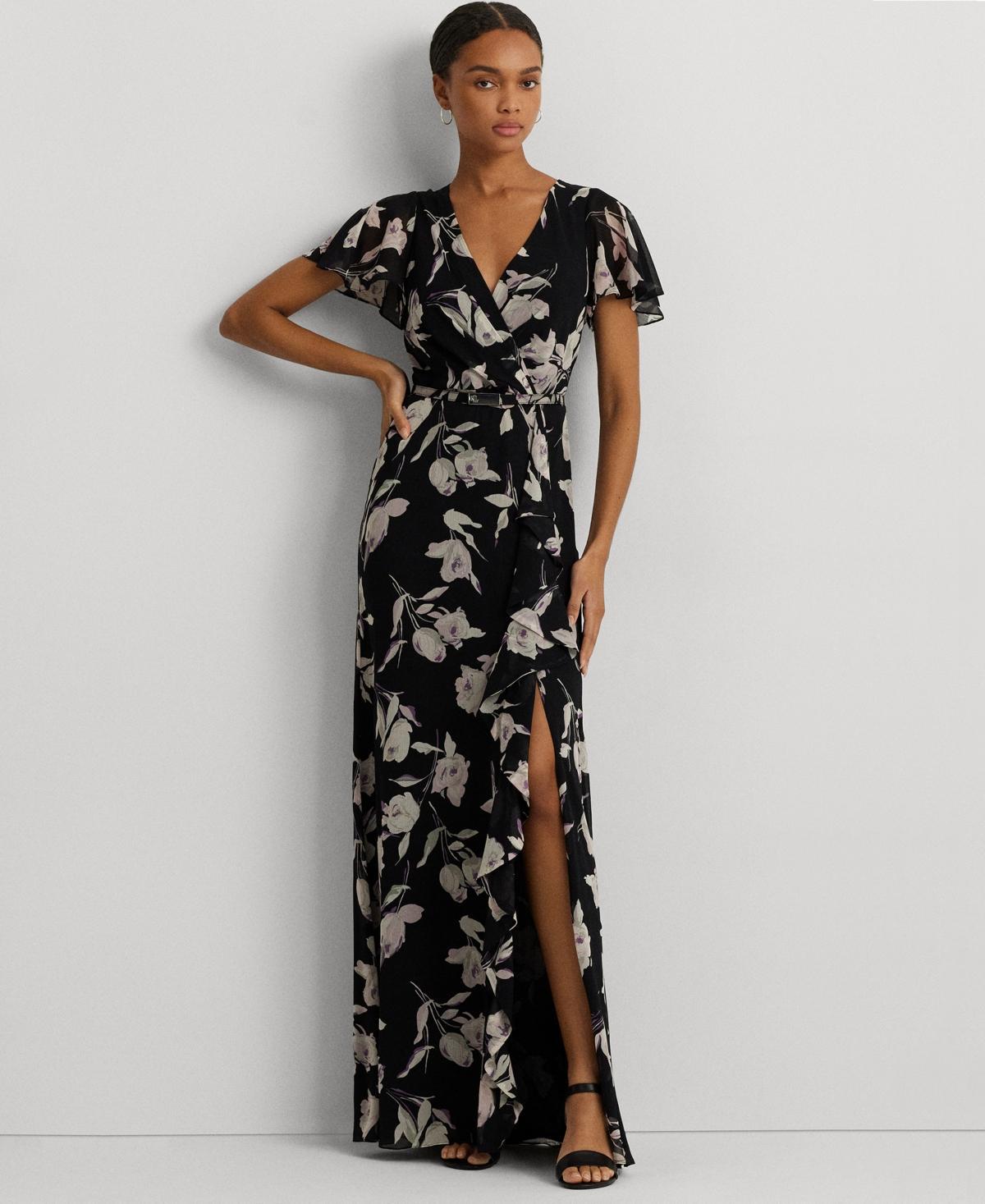 Lauren Ralph Lauren Womens Floral Flutter-Sleeve Gown Product Image