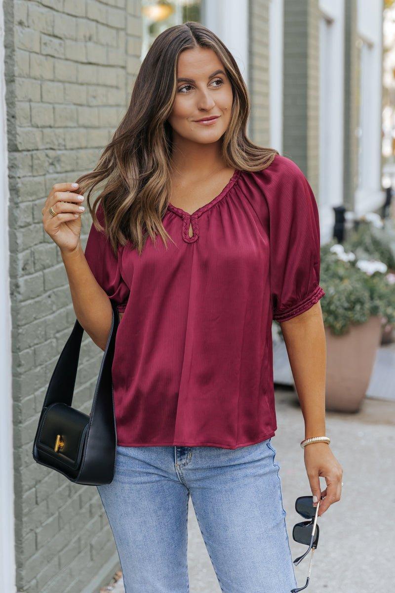 Be Seeing You Puff Sleeve Satin Top - Wine - FINAL SALE Product Image