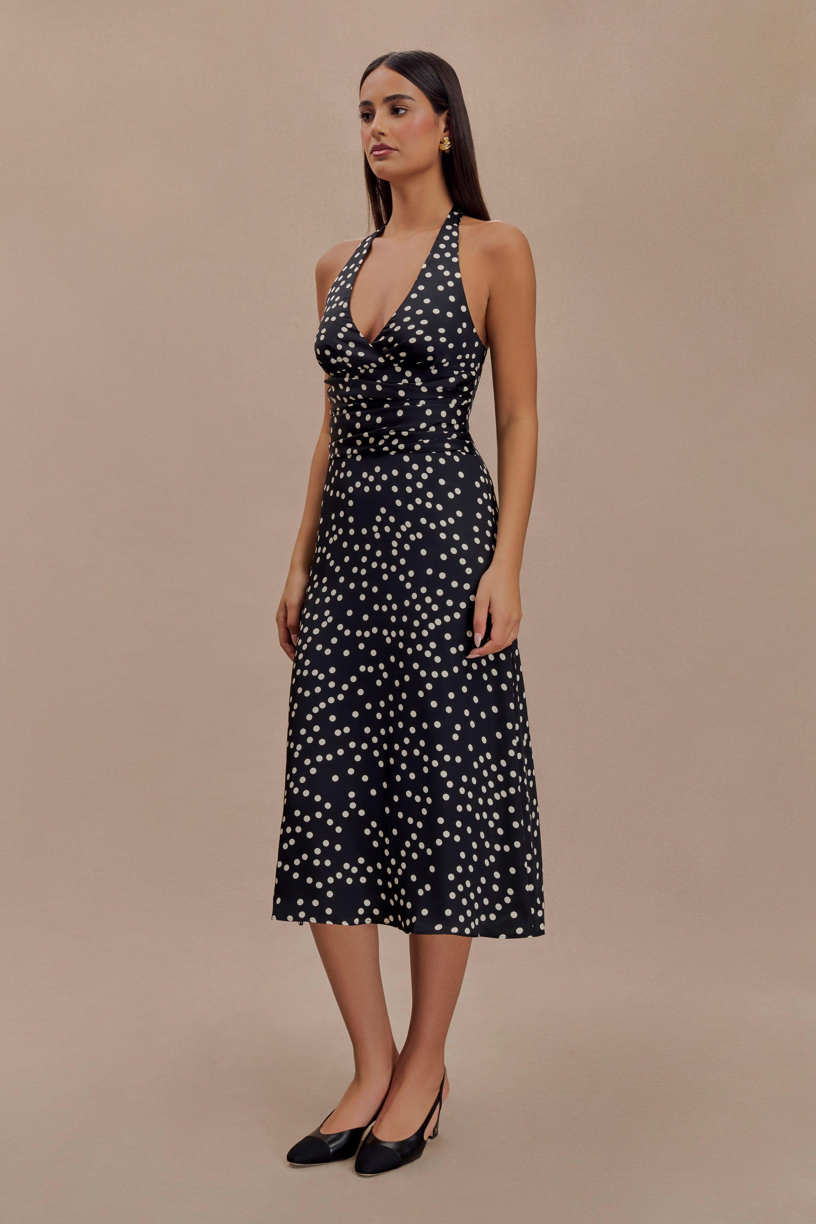 Marguerite Satin Halter Midi Dress - Black Polka Dot Print Product Image