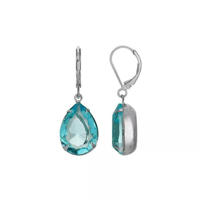 1928 Silver Tone Aqua Blue Crystal Pear Shaped Drop Earrings, Womens Product Image