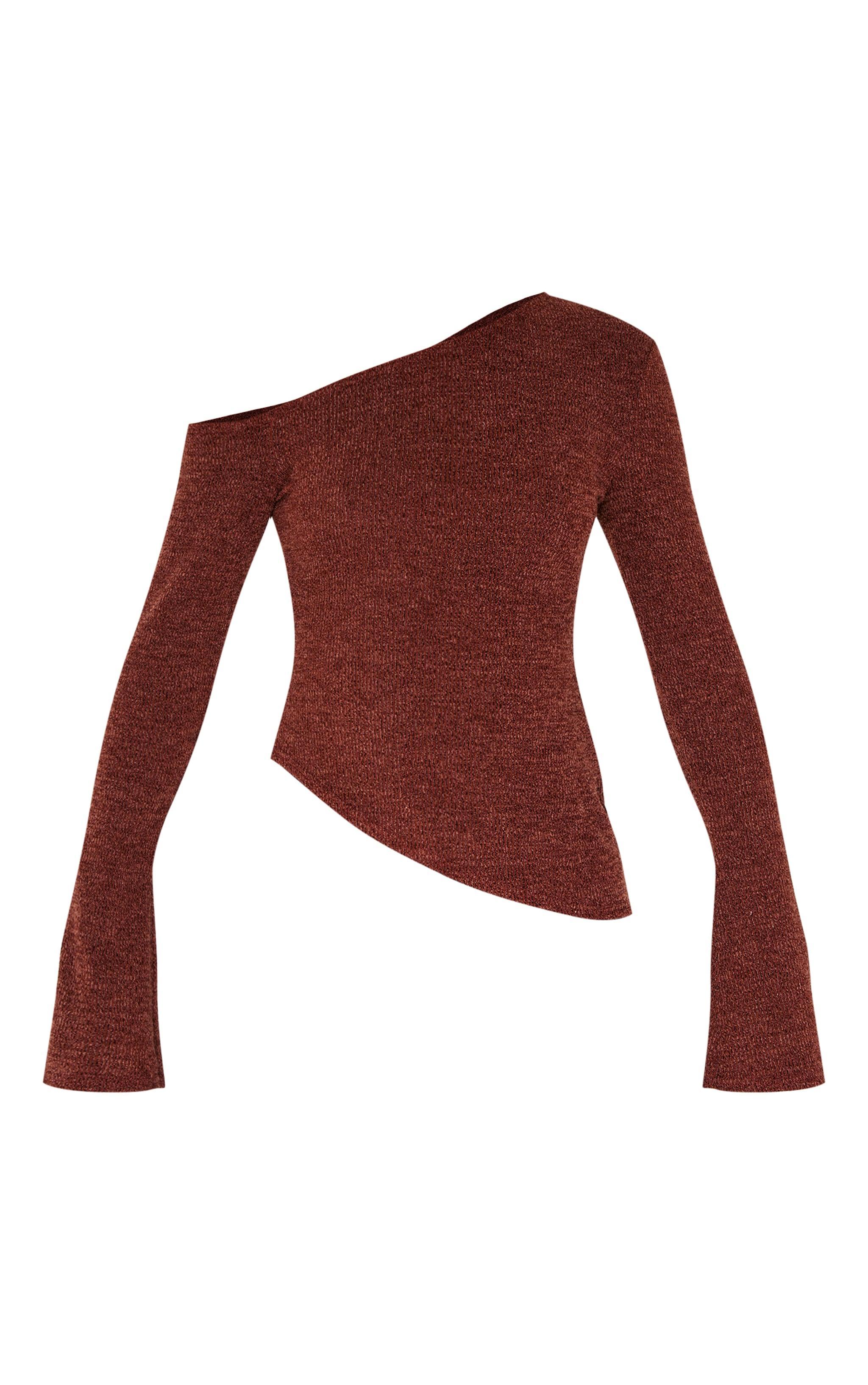 Brown Textured Asymmetric Flared Sleeve Long Top Product Image