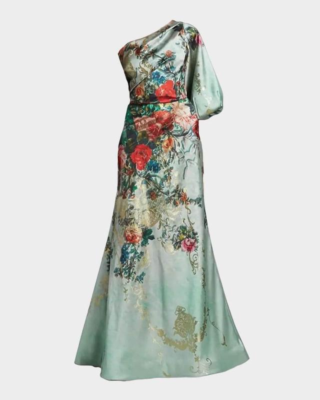 One-Shoulder Floral Jacquard Trumpet Gown Product Image