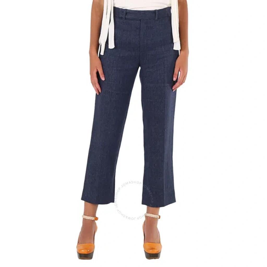 Chloe Ladies Deep Ocean Cropped Tailored Linen Pants In Blue Product Image