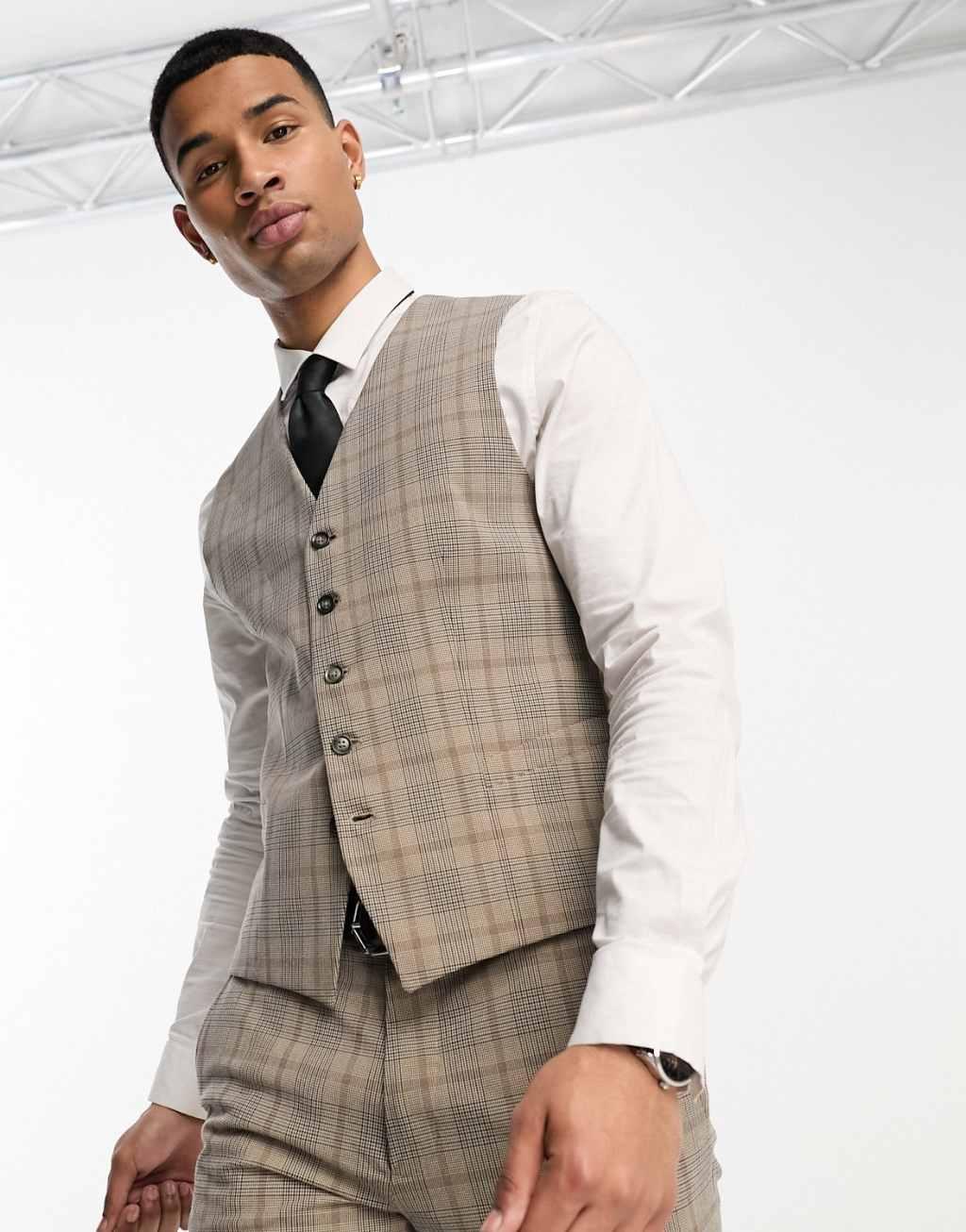 Selected Homme slim fit vest in beige check Product Image