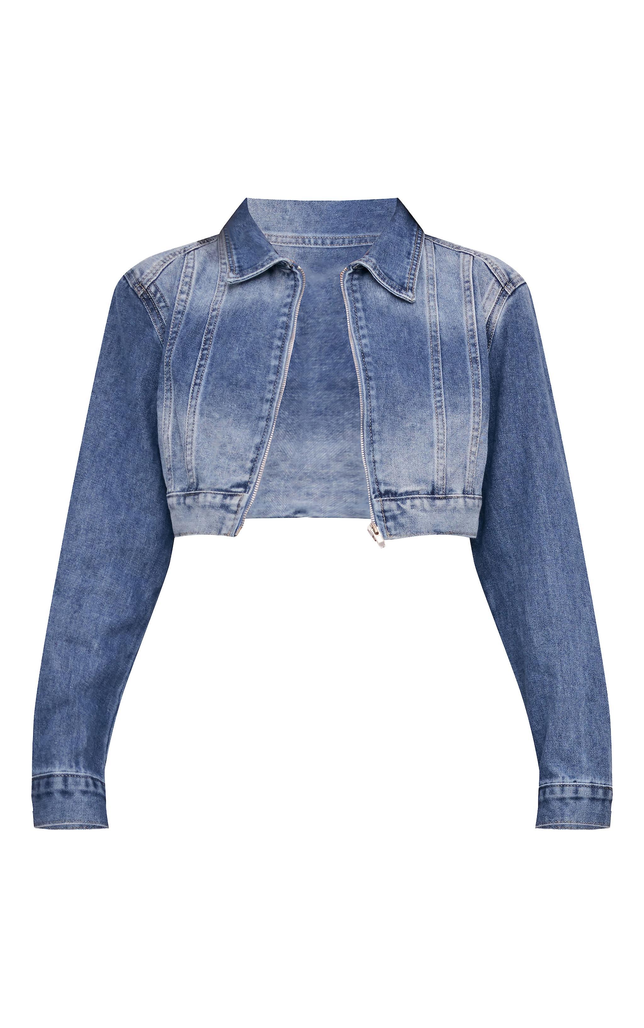 Mid Blue Wash Seam Detail Cropped Denim Jacket Product Image