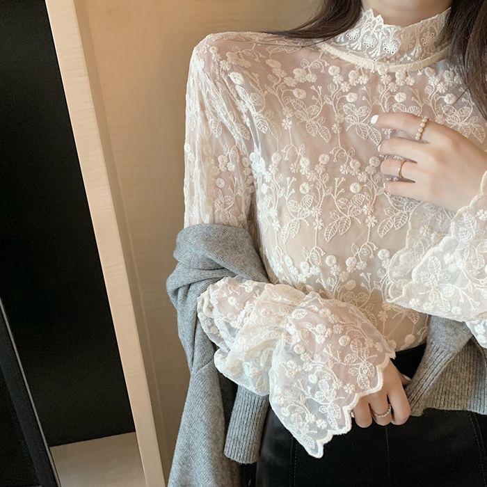 Long Sleeve Mock Neck Floral Lace Top Product Image