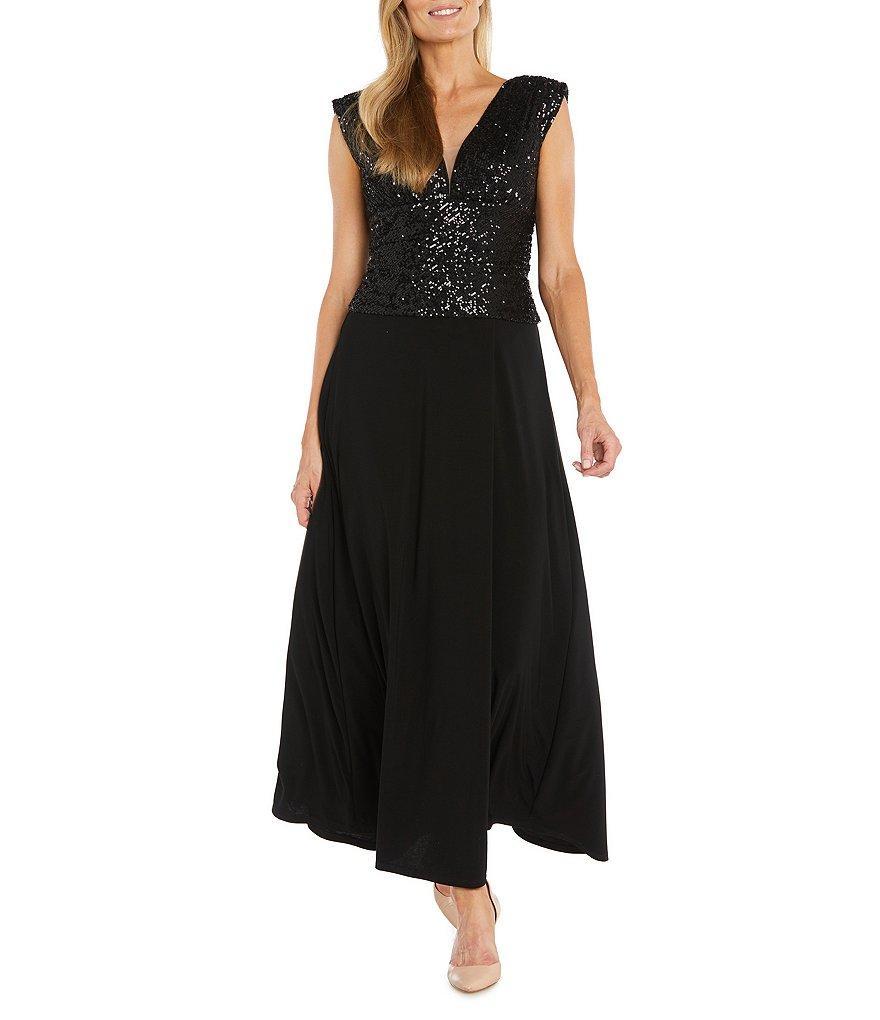 R & M Richards V Neck Sleeveless Beaded Bodice A Line Gown Product Image