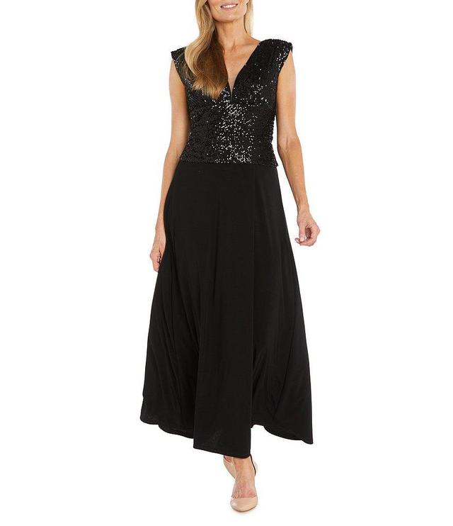 R & M Richards V Neck Sleeveless Beaded Bodice A Line Gown Product Image