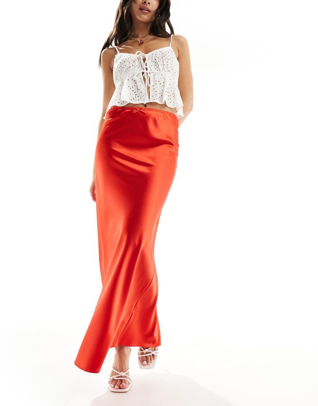 Miss Selfridge satin trim detail bias maxi skirt in red product image