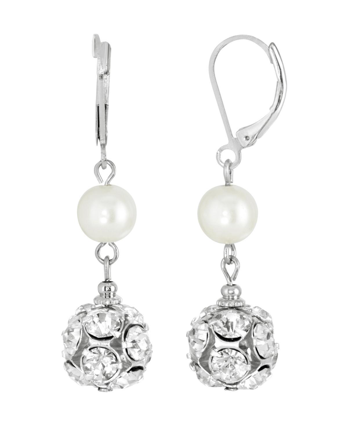 1928 Silver-Tone Faux Pearl & Crystal Fireball Drop Earrings, Womens, White Product Image