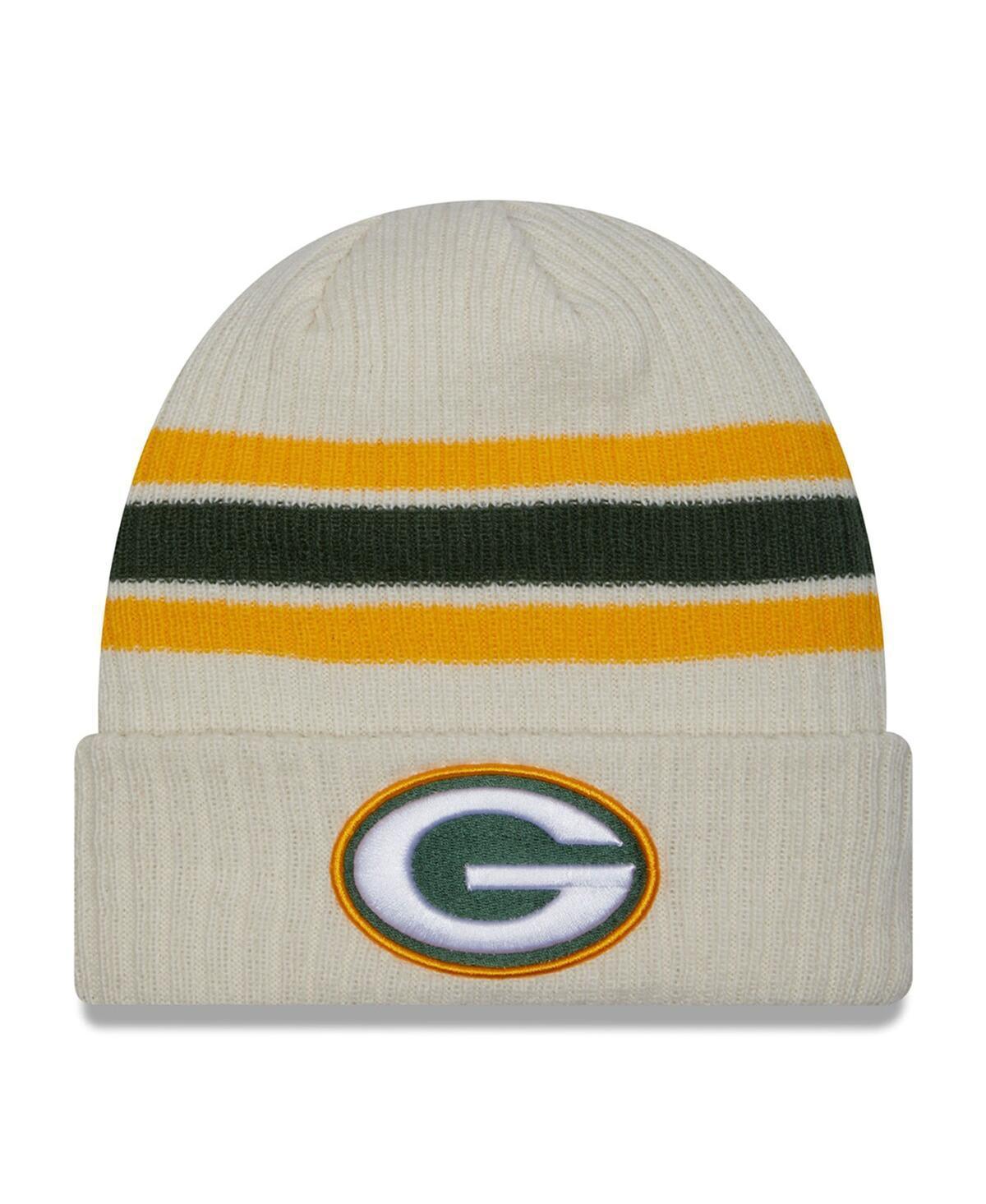 Mens New Era Cream Green Bay Packers Team Stripe Cuffed Knit Hat Product Image