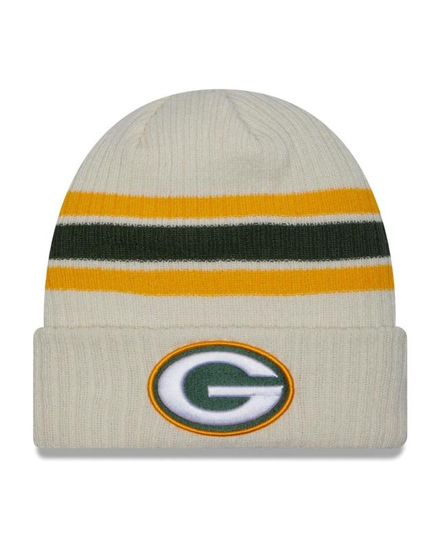 Mens New Era Cream Green Bay Packers Team Stripe Cuffed Knit Hat Product Image