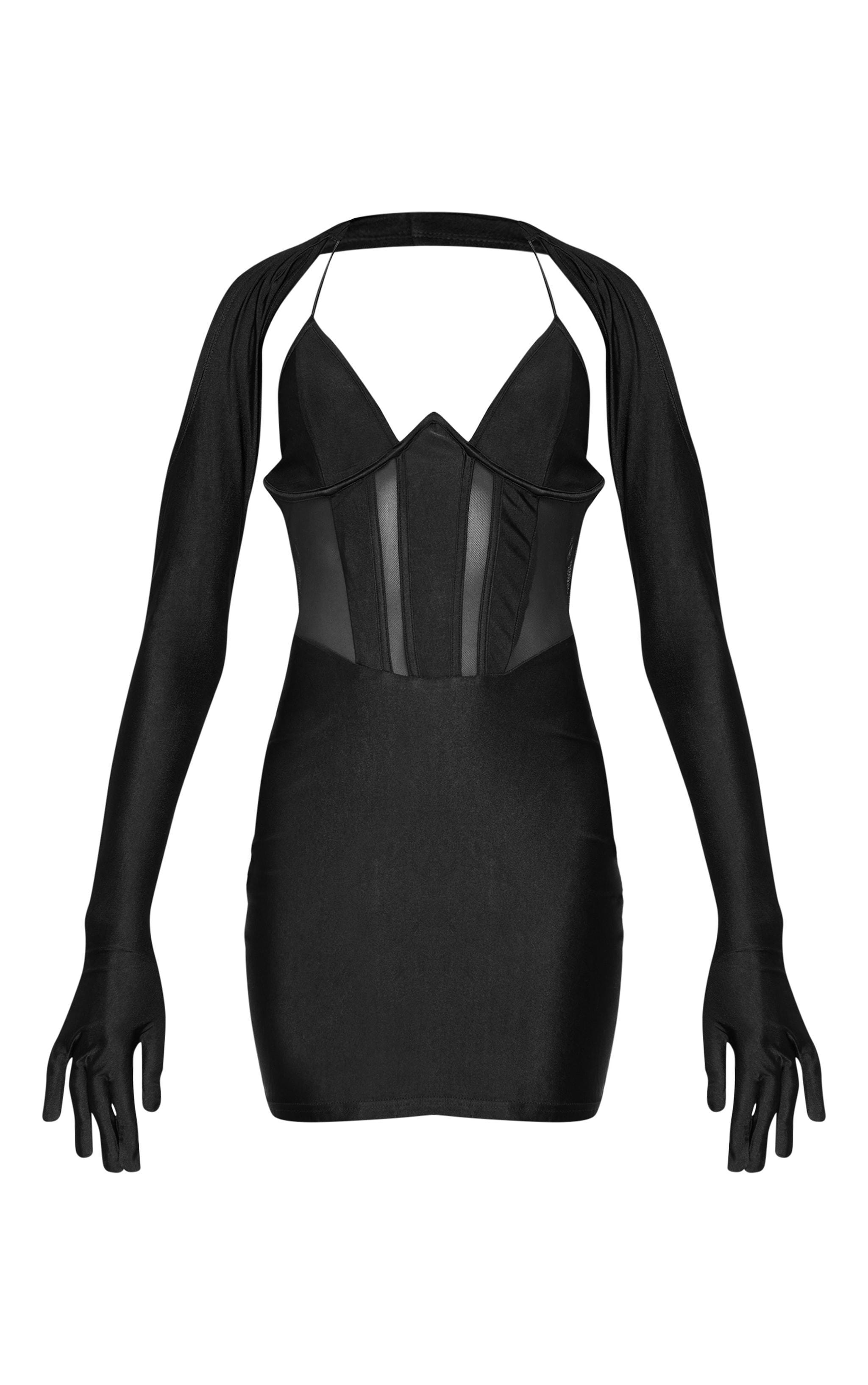 Black Corset Mesh Panel Glove Sleeve Bodycon Dress Product Image