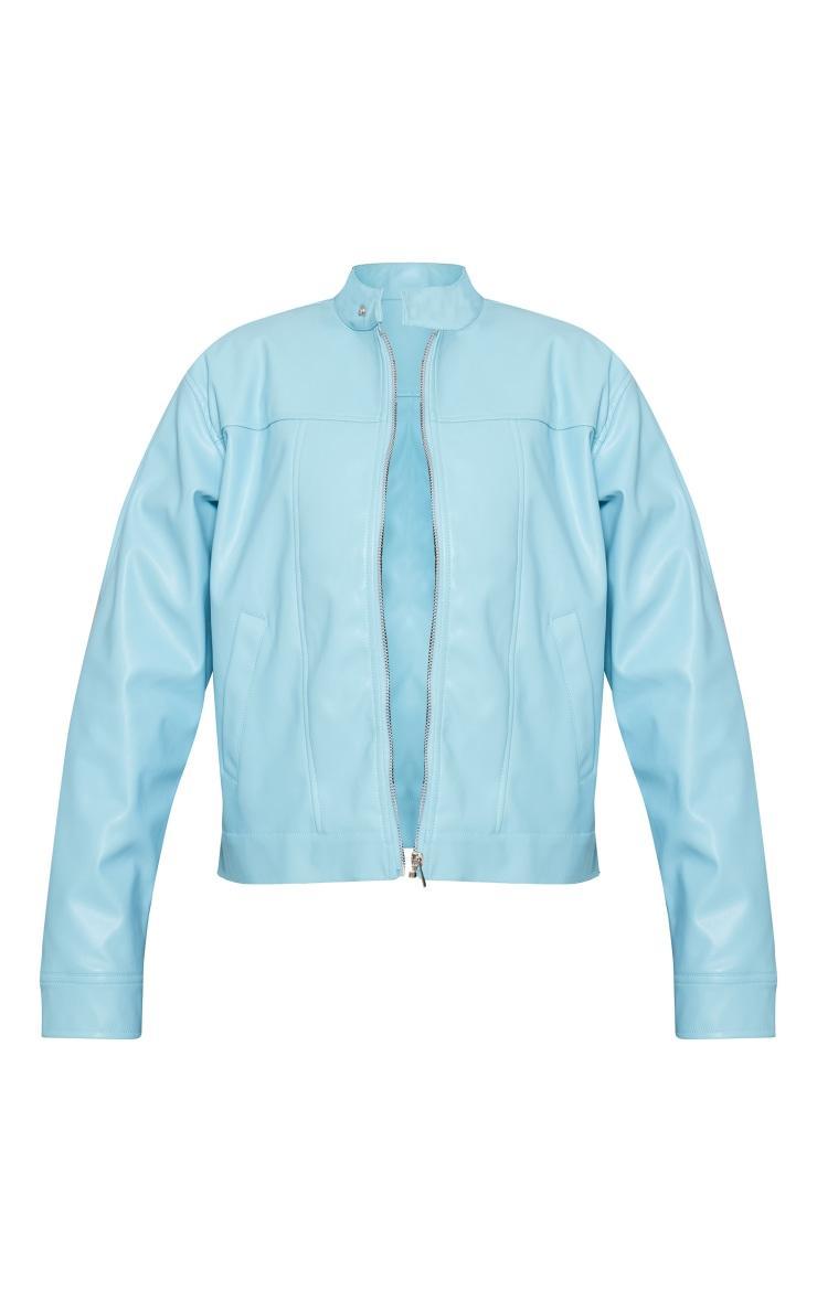 Light Blue Faux Leather Minimalist Racer Jacket Product Image