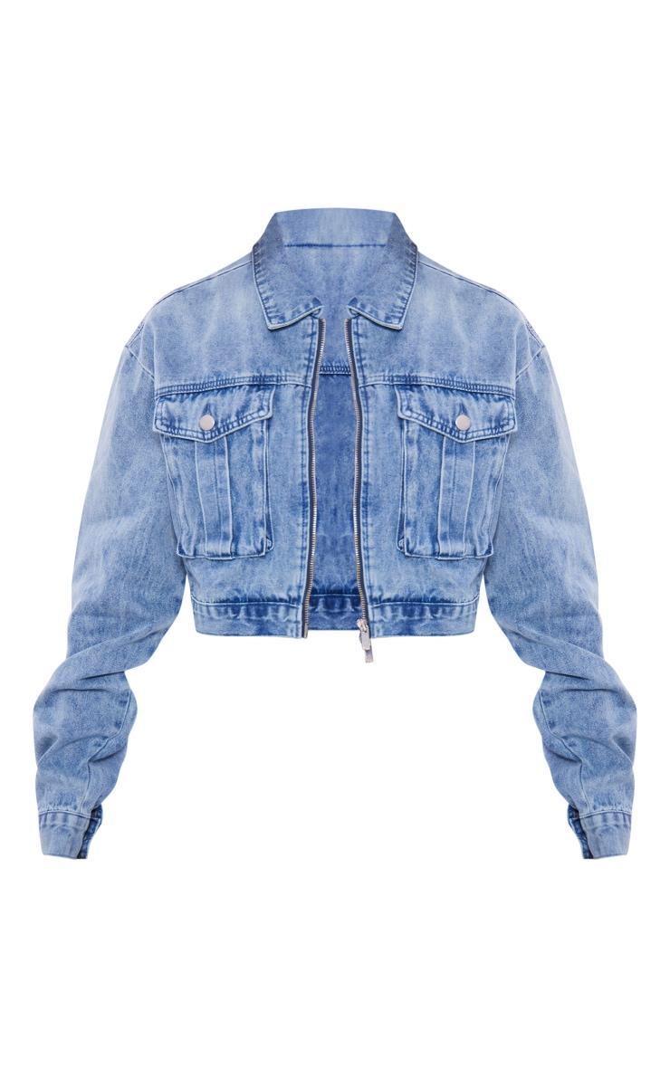 Mid Blue Wash Cropped Pocket Detail Denim Jacket Product Image