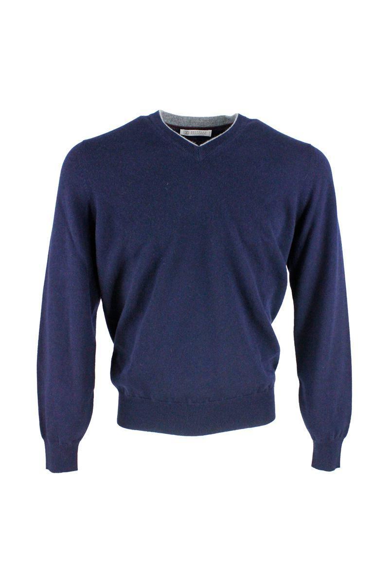 BRUNELLO CUCINELLI 100% Cashmere V-neck Sweater In Blue Product Image