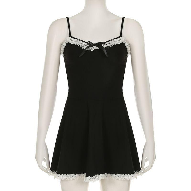 Sleeveless V-Neck Lace Trim Mini A-Line Dress Product Image