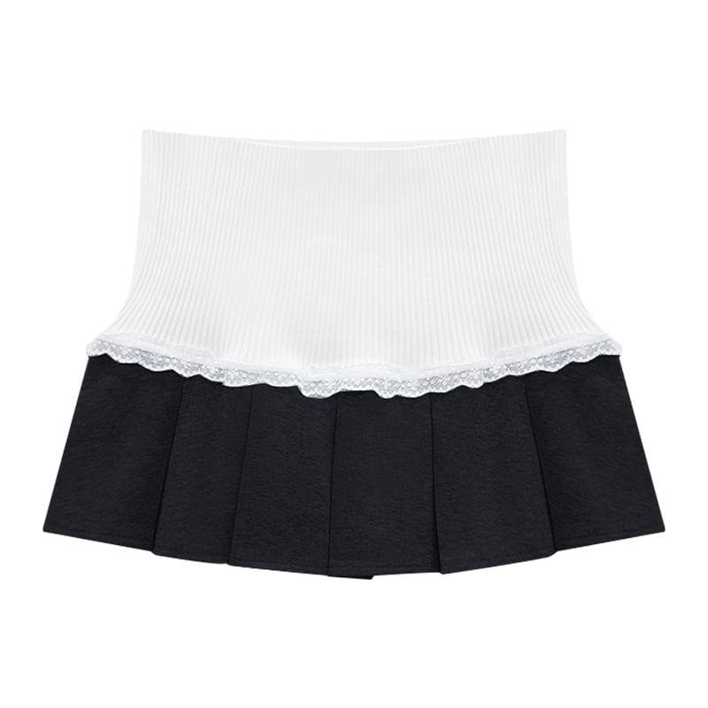 Low Waist Paneled Lace Trim Pleated Mini A-Line Skirt Product Image