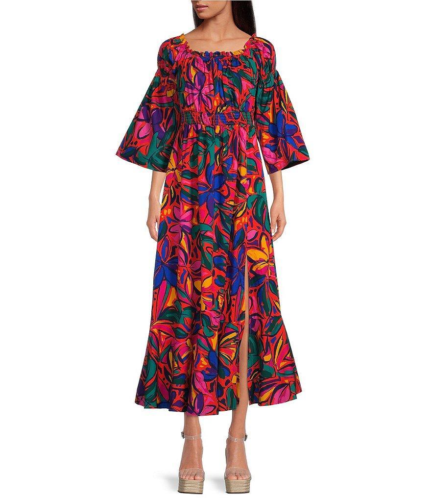 Sugarlips Rainbow Tropics Off-the-Shoulder Bell Sleeve Smocked Waist Poplin Maxi Dress Product Image