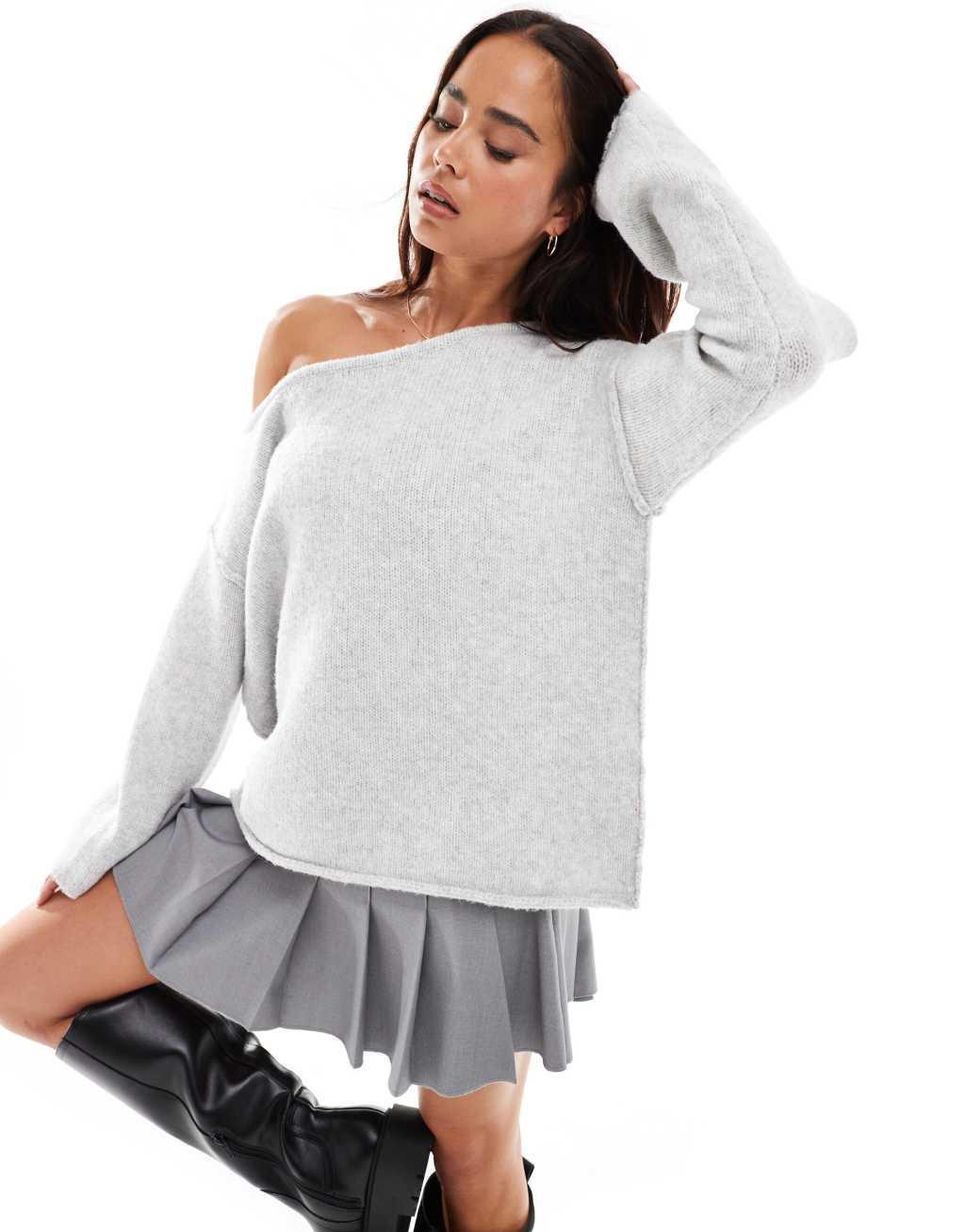 Miss Selfridge asym off the shoulder slouchy cozy knit sweater in gray heather Product Image