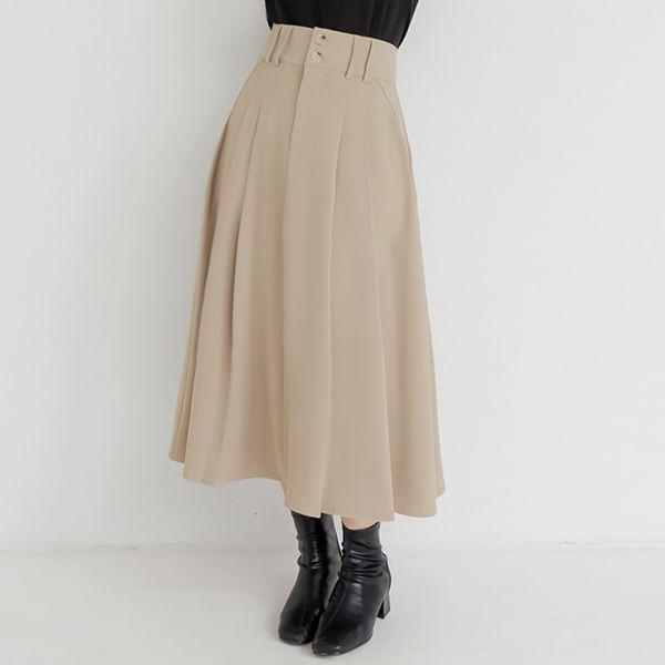 [L-3XL] High Rise Plain Button-Detail Plain Midi Pleated Skirt Product Image