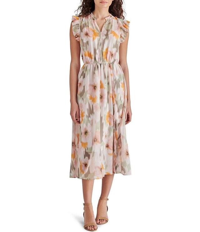 Steve Madden Allegra Floral Print Ruffle Split Neck Sleeveless Midi Dress Product Image