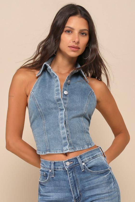 Sensational Trend Light Wash Denim Collared Backless Crop Top product image