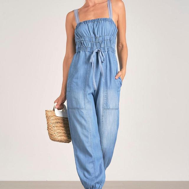 Square Neck Spaghetti Strap Jumpsuit W/ Ruched Waist Product Image